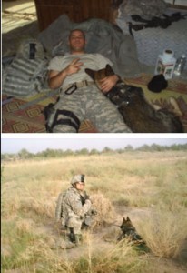 Two photos of military dog handlers.